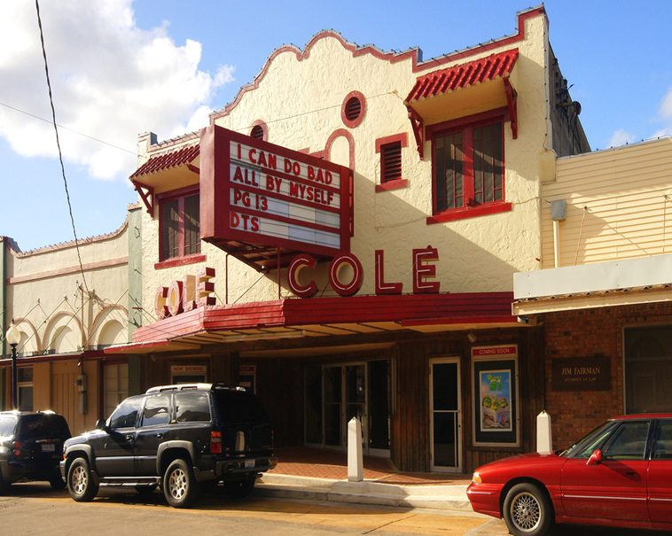 The Cole Theater’s historic façade and marquee in Hallettsville